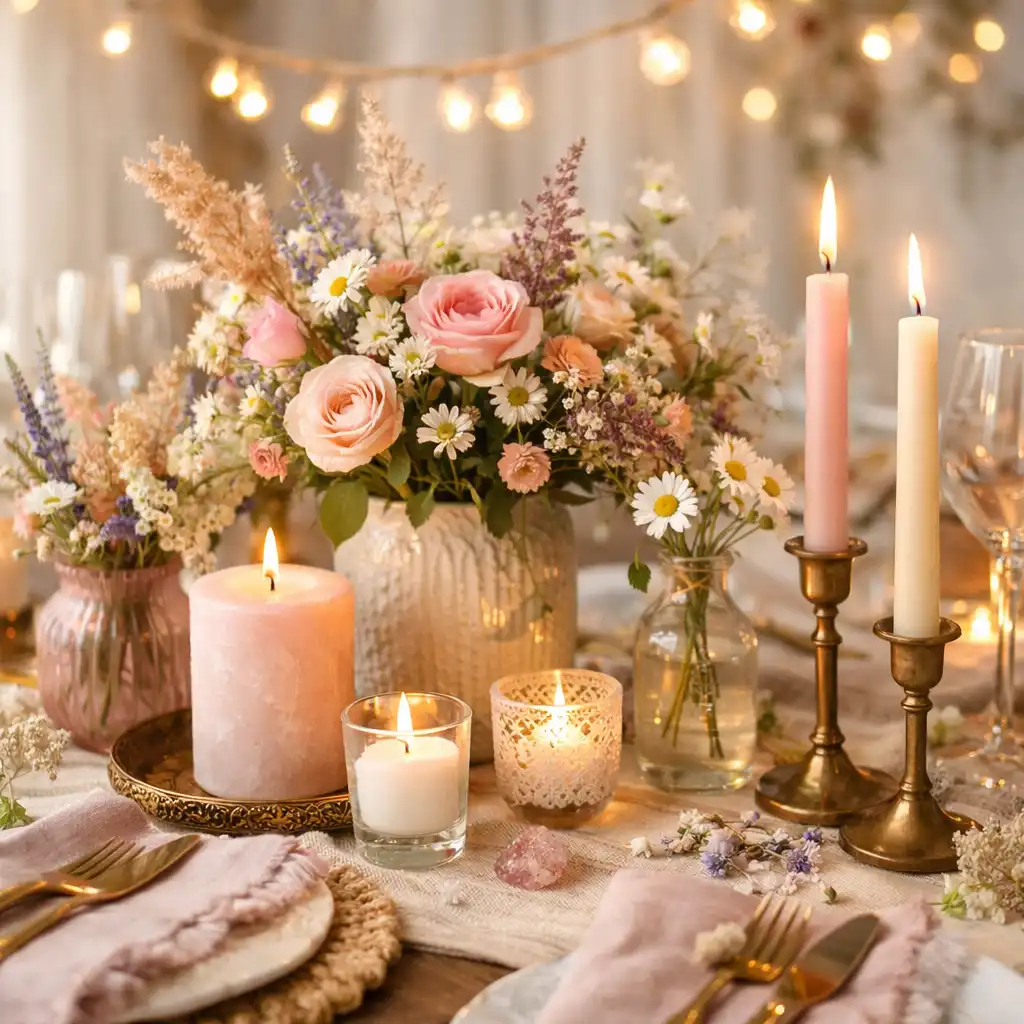 Table de fête décorée dans un style bohème chic avec fleurs et guirlandes lumineuses