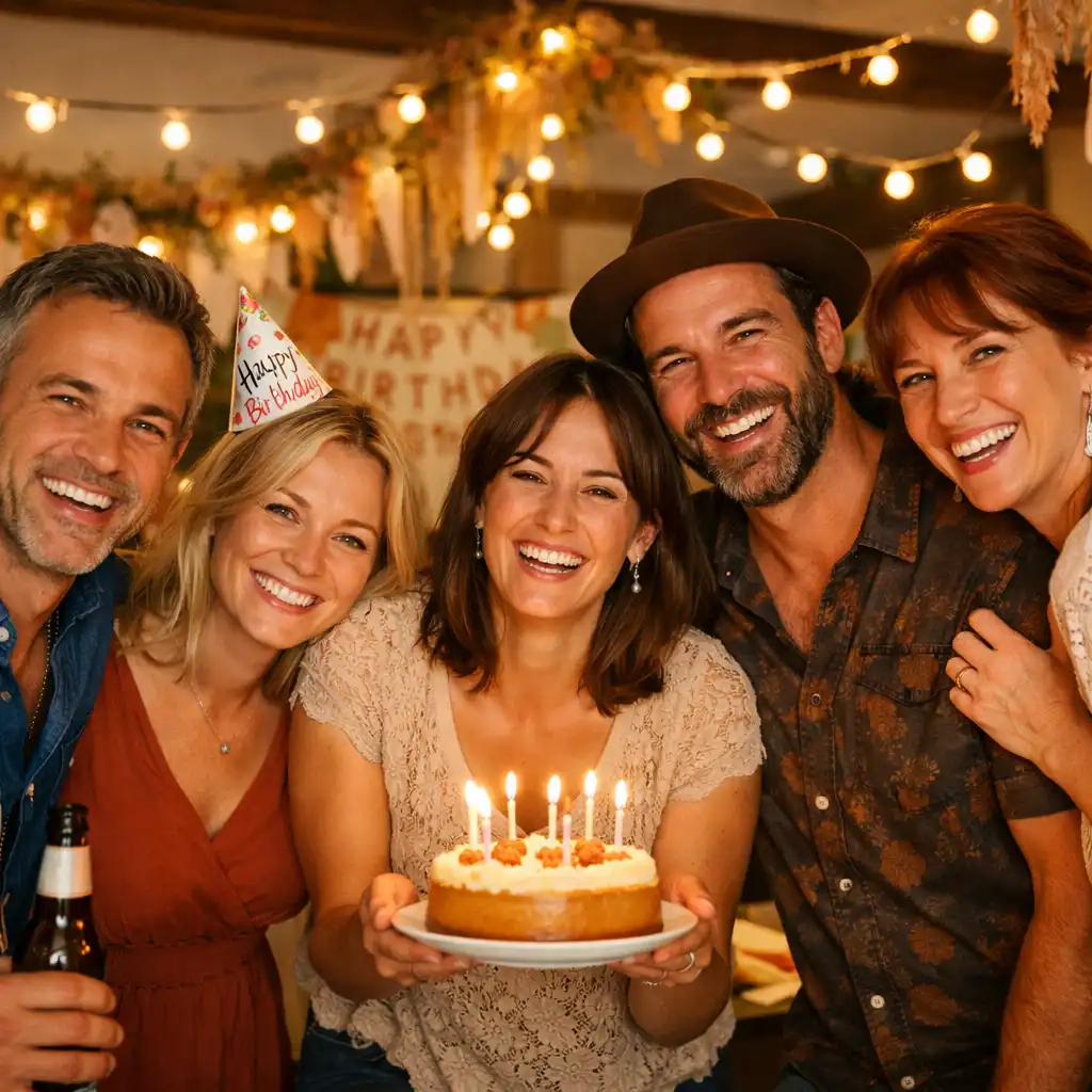 Groupe d'adultes souriants lors d'une fête d'anniversaire conviviale