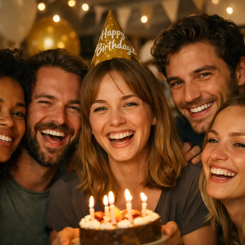 Groupe d’amis souriants célébrant un anniversaire dans un espace décoré