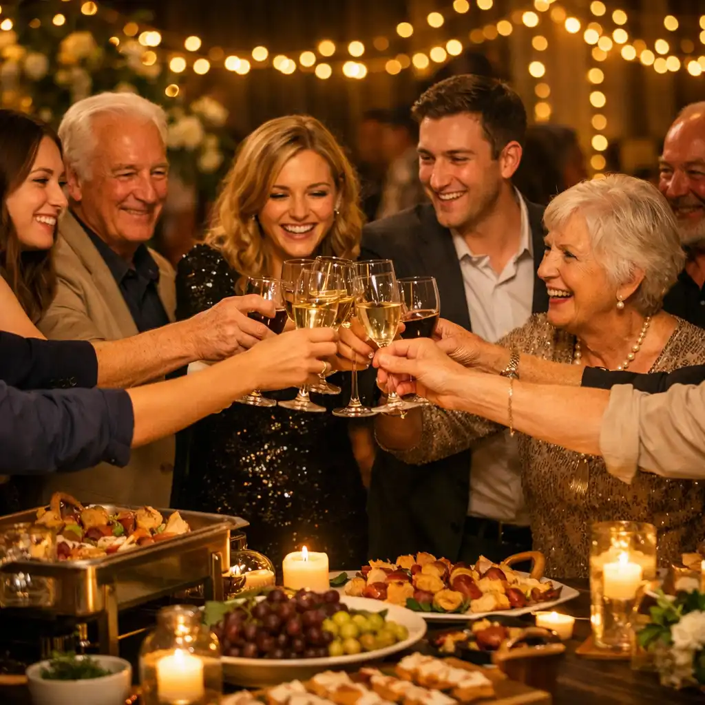 Célébration privée élégante avec des invités qui trinquent dans une salle décorée de guirlandes lumineuses et de fleurs