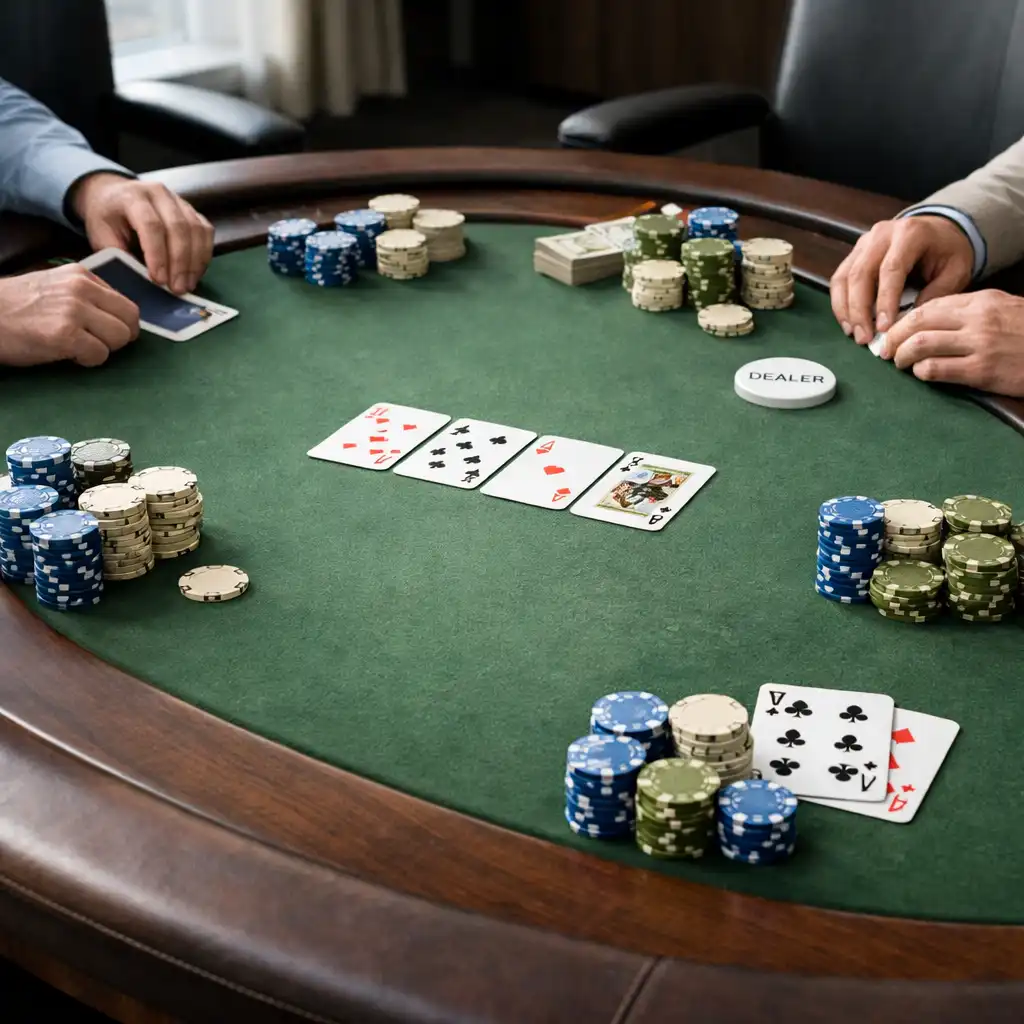 Table de poker professionnelle dans un cadre d'entreprise élégant, avec cartes et jetons
