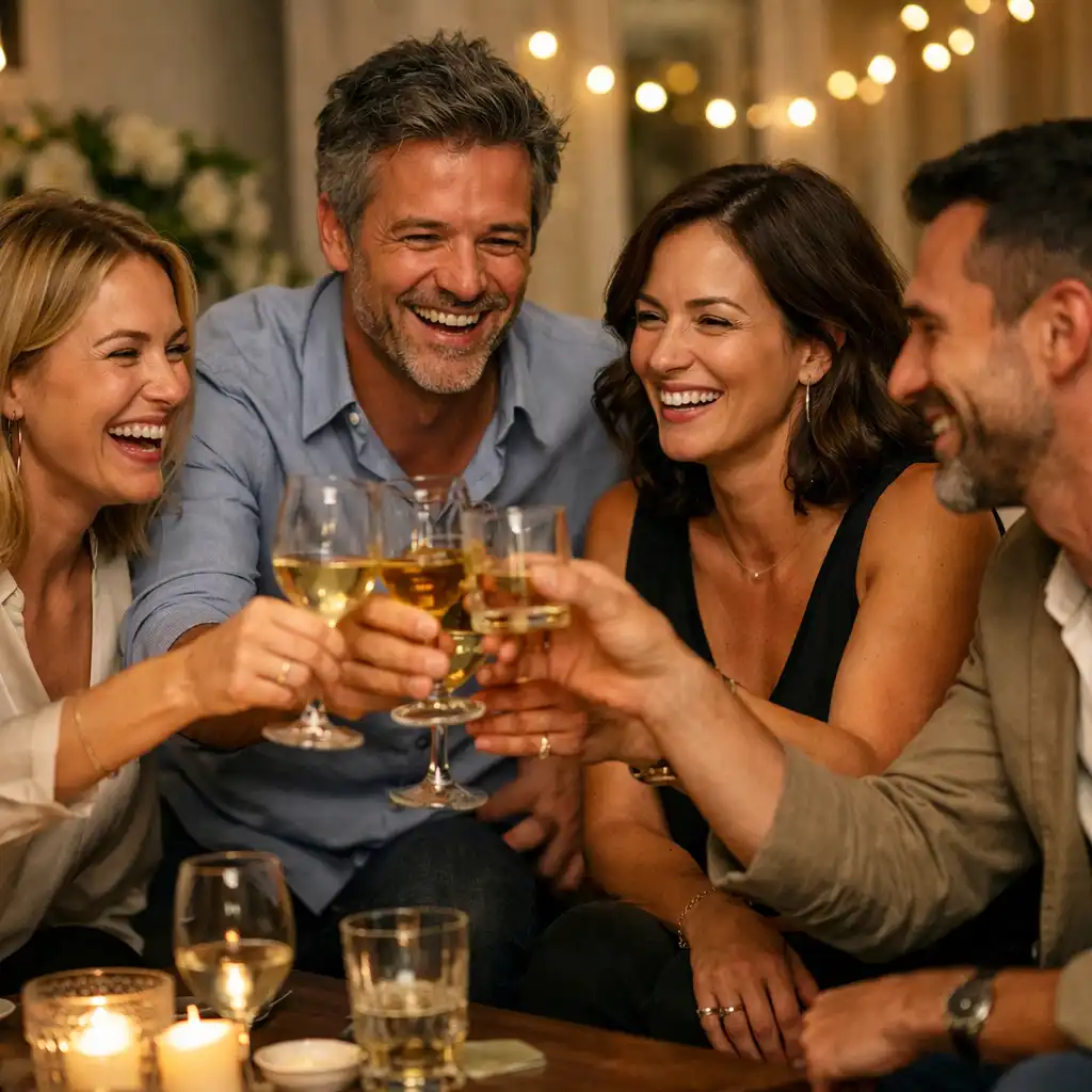 Groupe d'amis adultes riant et trinquant lors d'une soirée privée élégante dans un salon lumineux