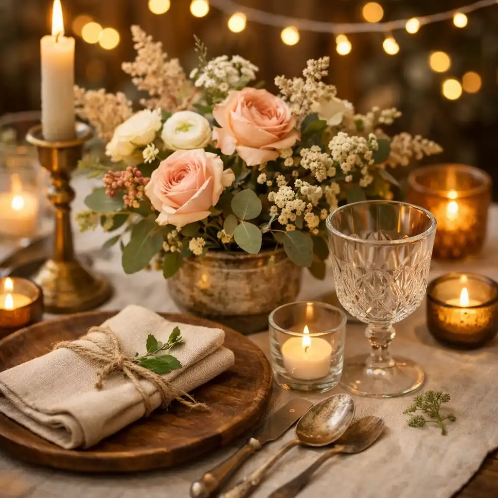 Détail de décoration avec guirlandes lumineuses et fleurs