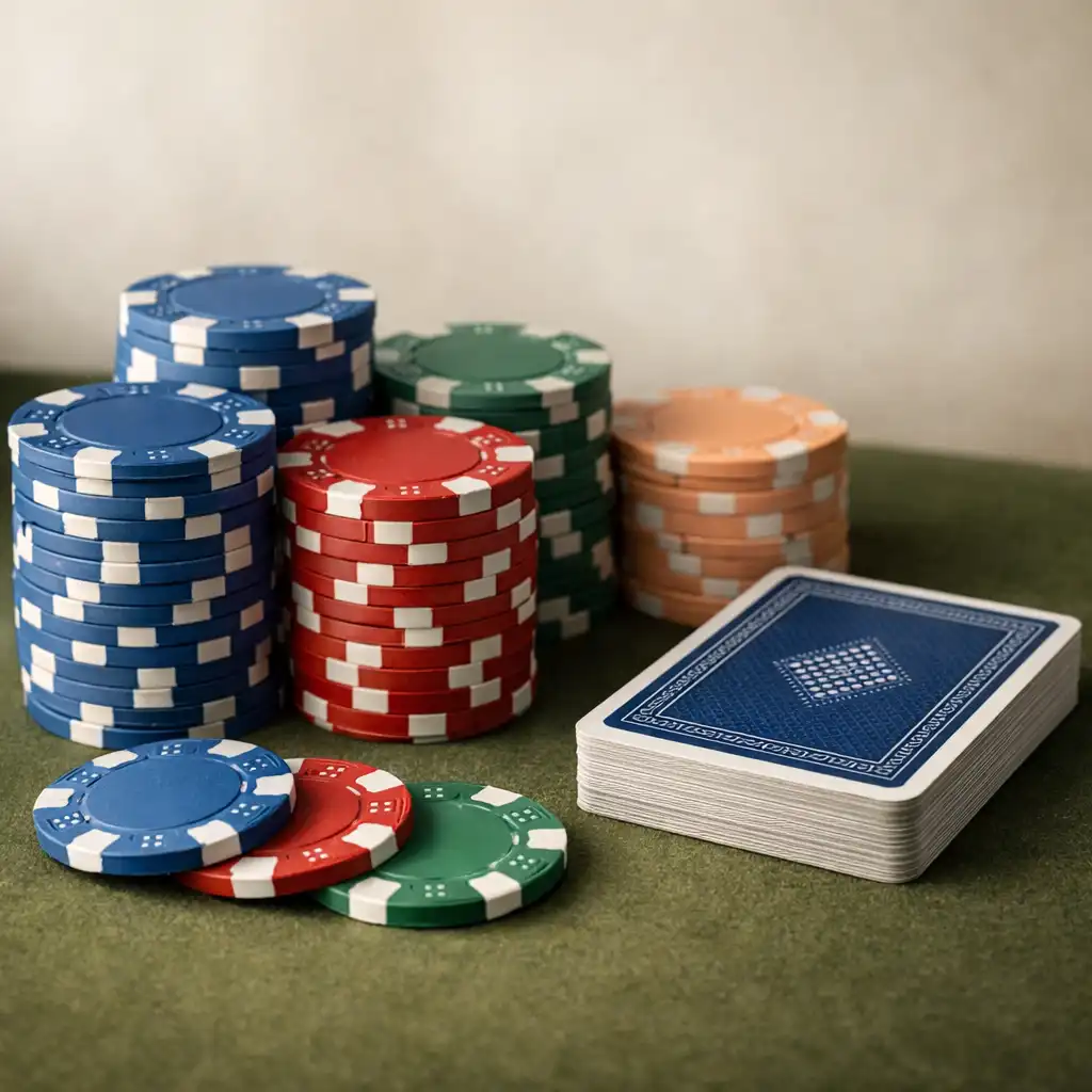 Gros plan sur des jetons de poker colorés, un jeu de cartes et un tapis en feutre vert olive