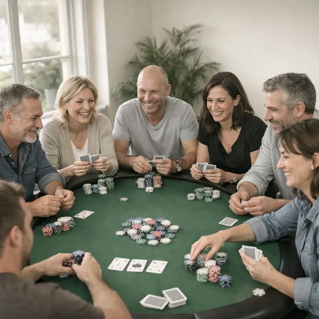 Groupe d'adultes souriants réunis autour d'une vraie table de poker dans une salle lumineuse