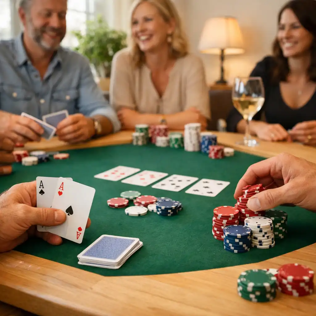 Table de poker réelle dans un cadre convivial et lumineux, avec des mains de joueurs tenant des cartes et des jetons colorés
