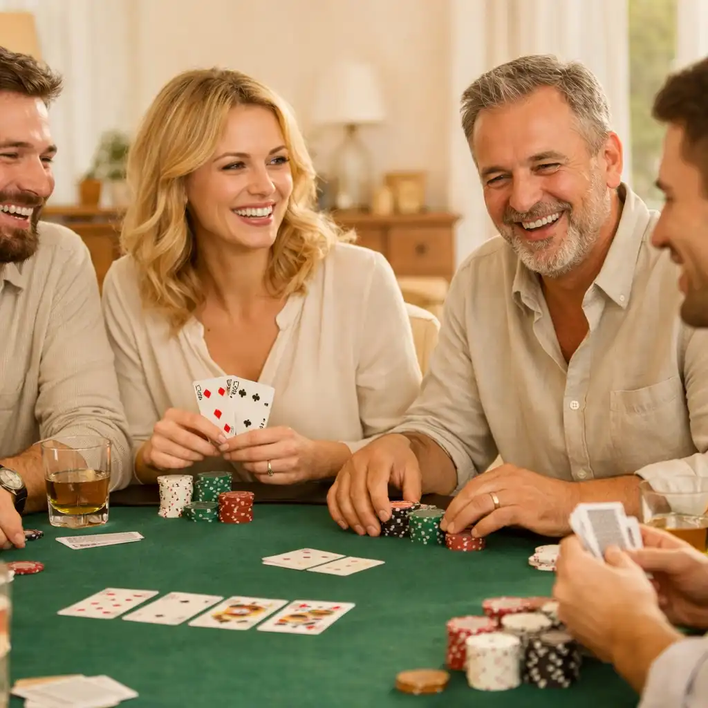 Table de poker réelle lors d'une soirée privée, avec cartes, jetons et joueurs souriants dans une ambiance conviviale.