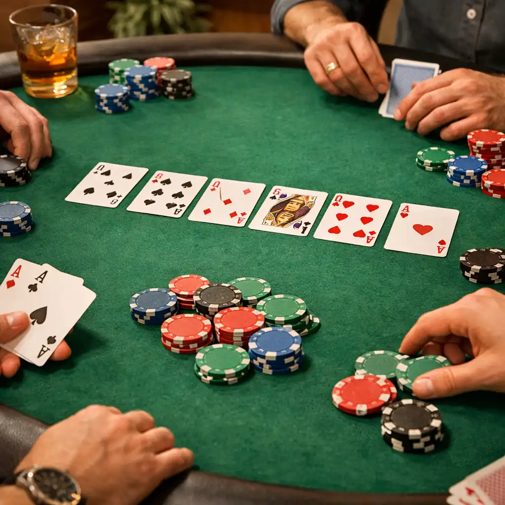 Table de poker ovale en feutre vert avec cartes et jetons, entourée de mains de joueurs dans une ambiance conviviale