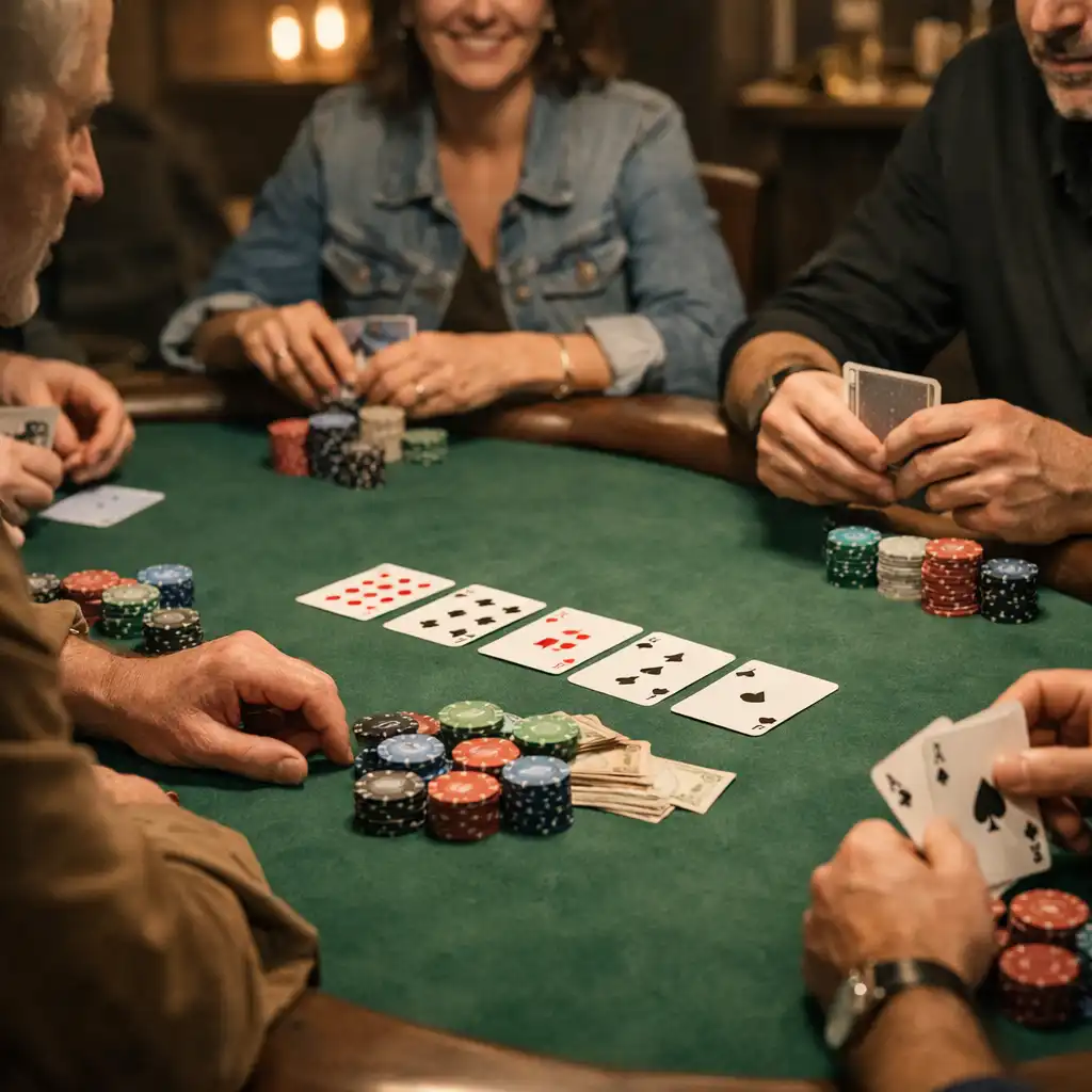 Joueurs réunis autour d’une vraie table de poker dans une ambiance conviviale