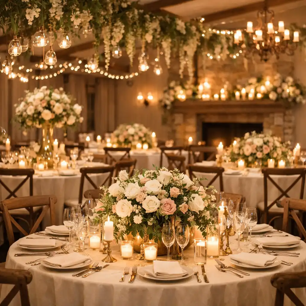 Salle de réception décorée avec compositions florales et éclairage d’ambiance