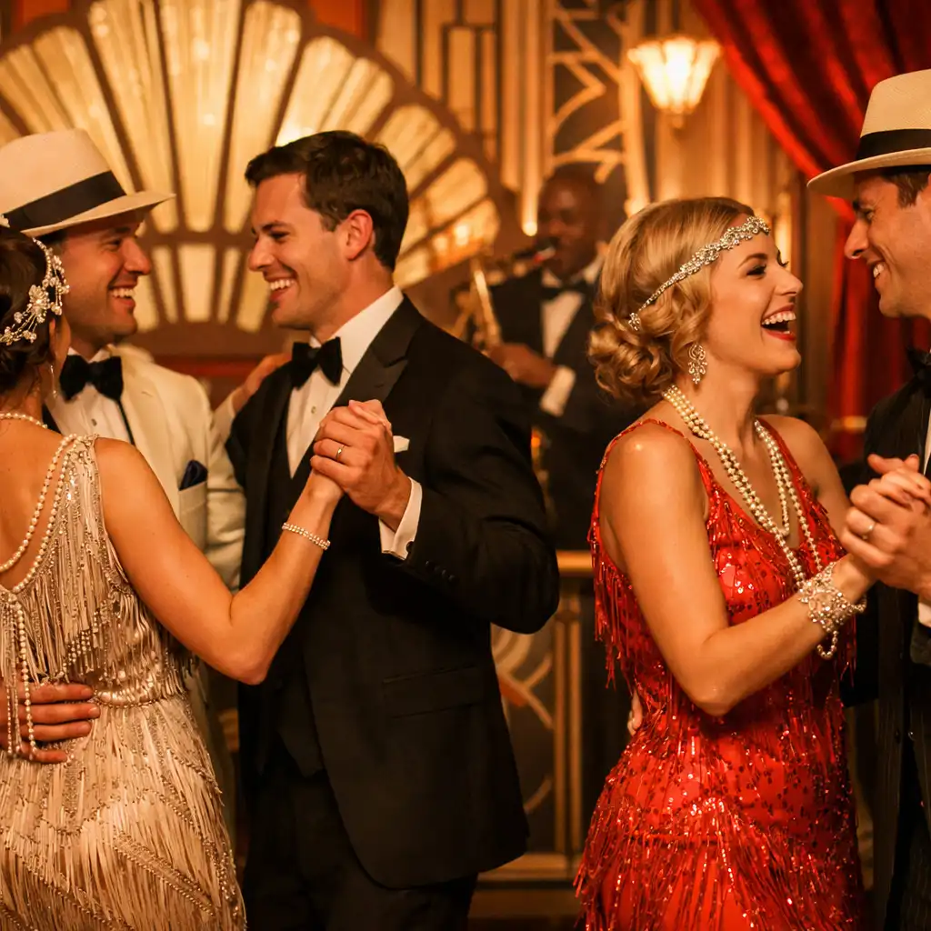 Invités en tenues d'époque lors d'une soirée Années Folles, avec décor Art déco et ambiance jazz.