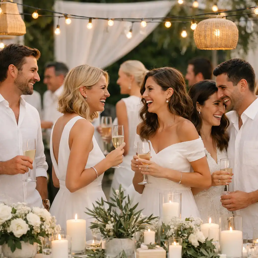 Invités vêtus de blanc lors d'une soirée blanche élégante en extérieur, avec décoration épurée.