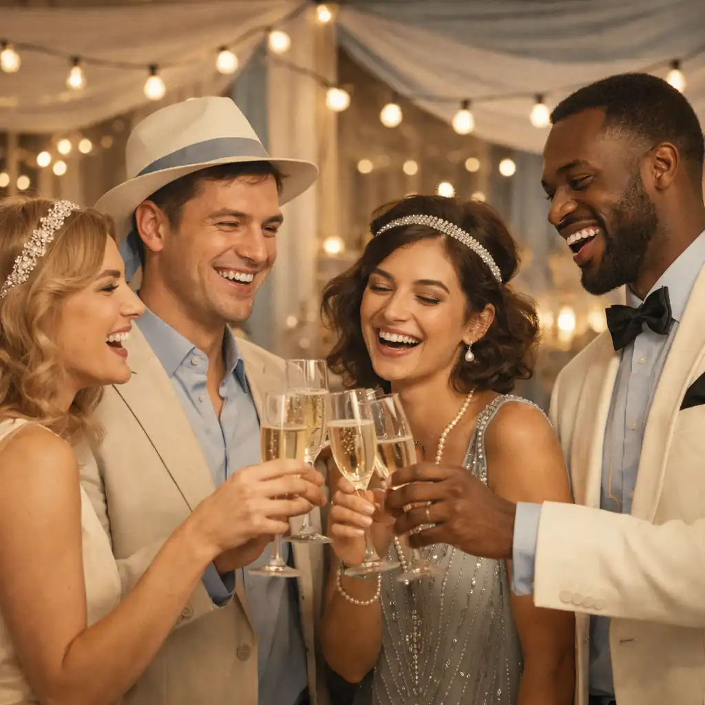 Groupe d'amis élégamment habillés lors d'une soirée thématique chaleureuse, riant et trinquant dans un décor convivial.