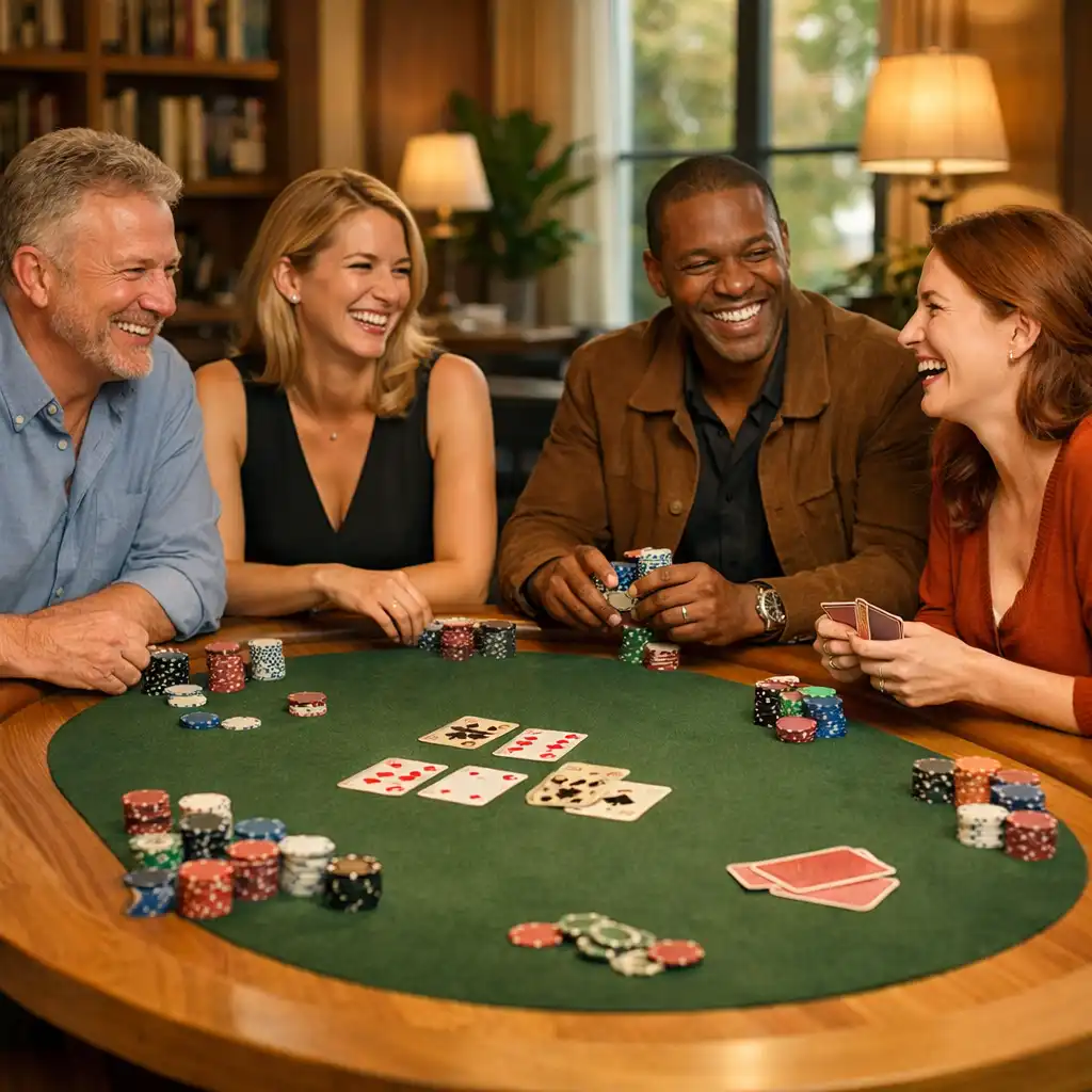 Table de poker en bois clair avec cartes et jetons dans un cadre chaleureux