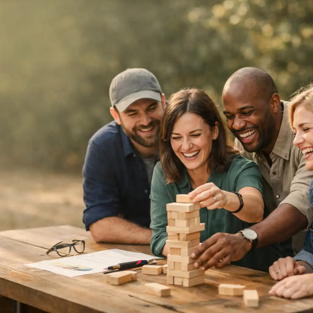 Groupe de collègues participant à une activité de team building en extérieur