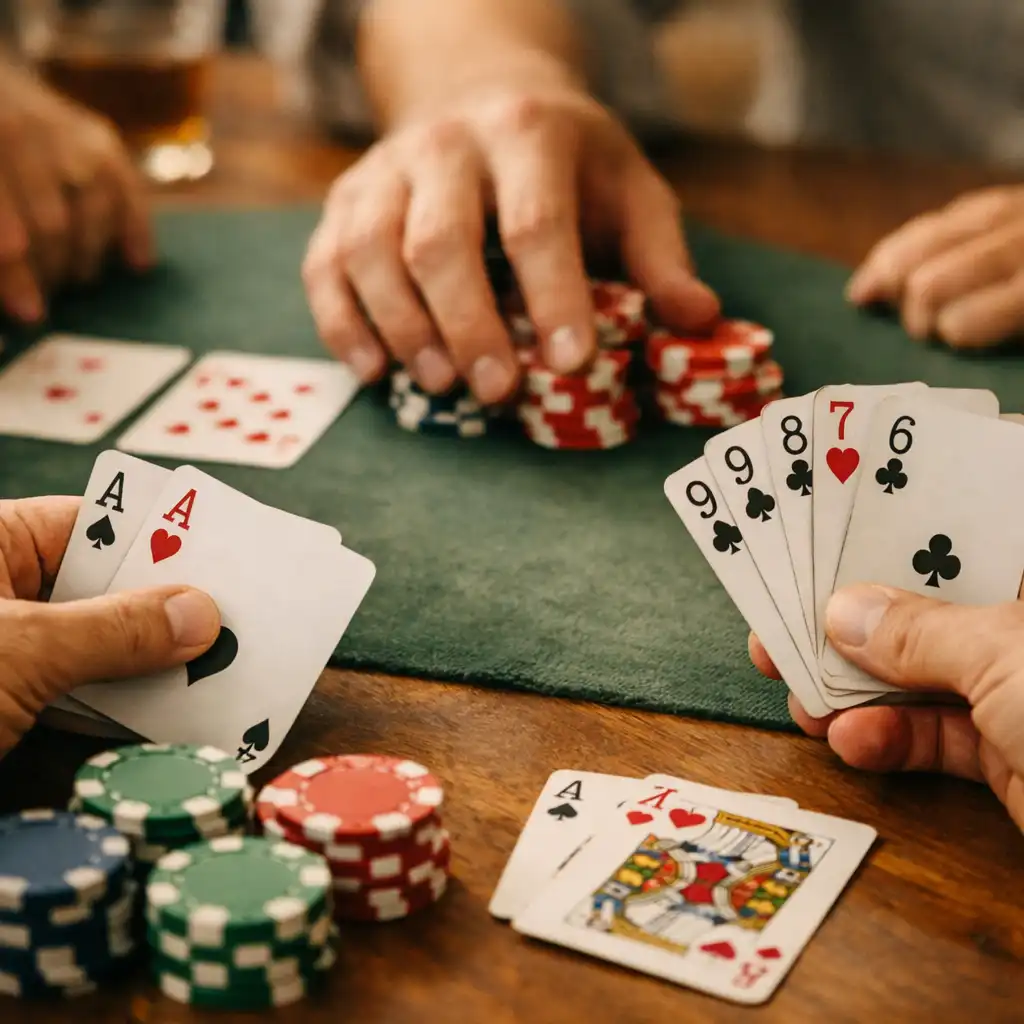 Mains de joueurs autour d'une table de poker avec cartes et jetons