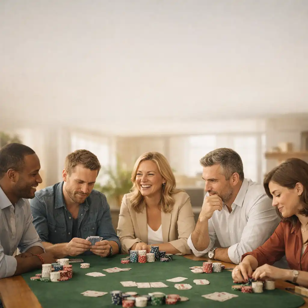Groupe de collègues autour d'une table de poker, souriants et concentrés