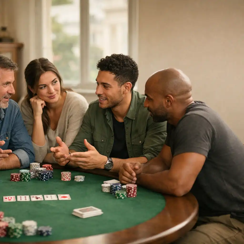 Équipe discutant stratégie autour d'une table de poker