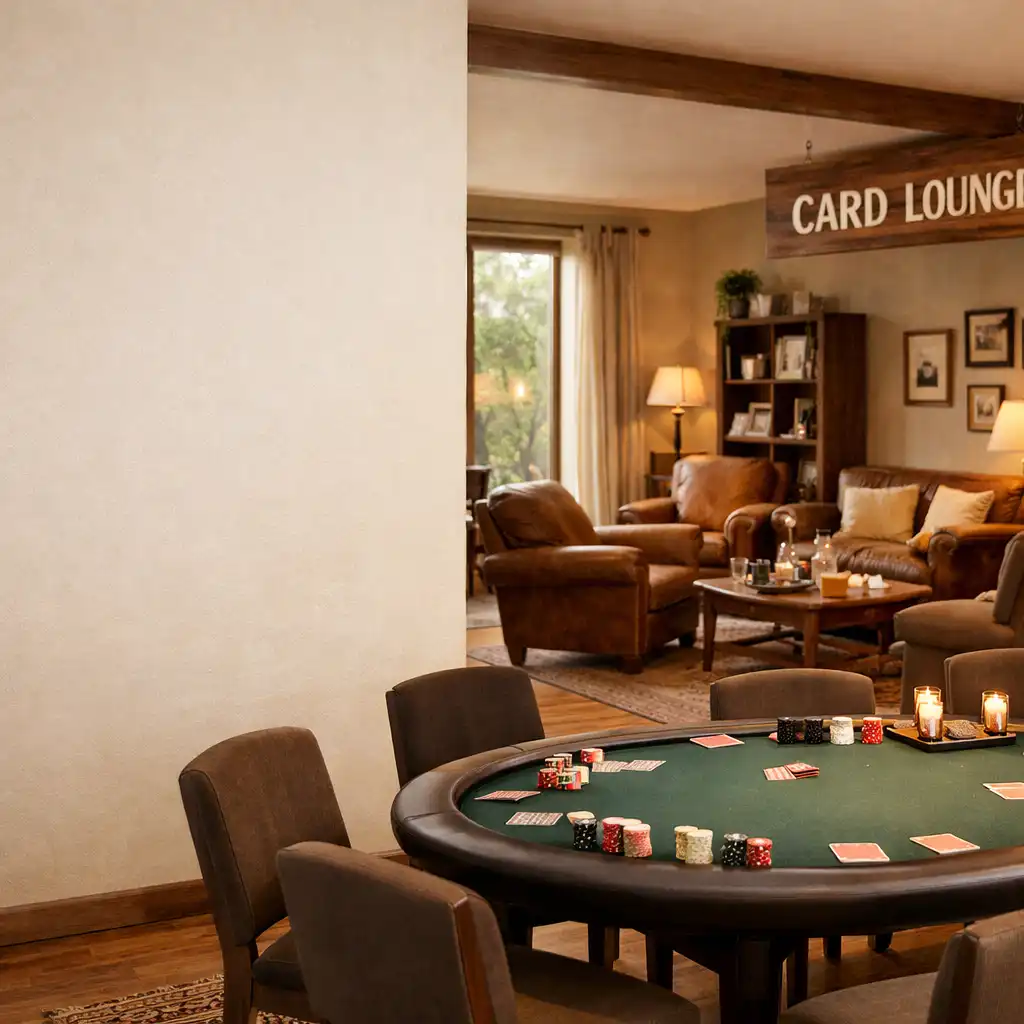 Espace événementiel aménagé avec tables de poker et Card Lounge
